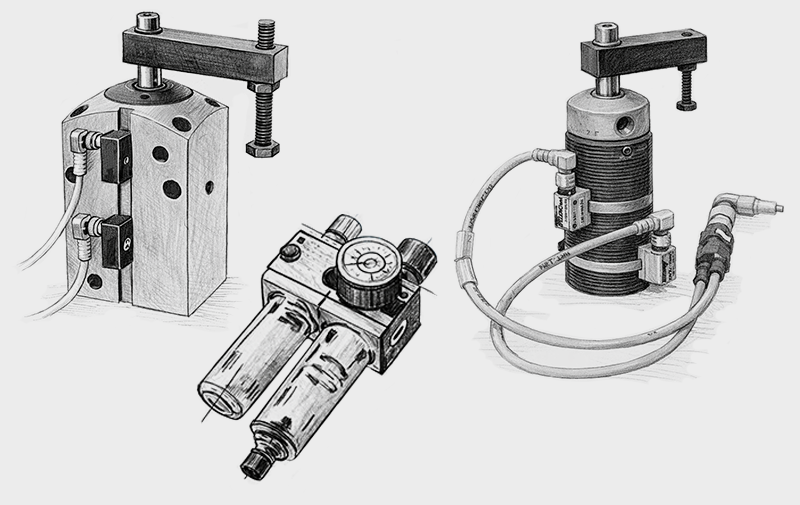Elementi di bloccaggio pneumatici e accessori pneumatici, gruppi di condizionamento aria