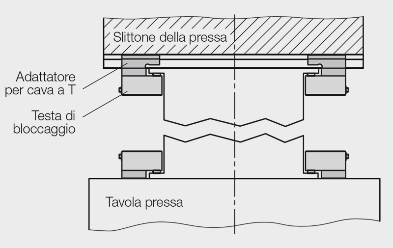 WZ32205_applicazione Morsetto scorrevole rastremato WZ32205, applicazione e montaggio su tavola e slittone della pressa