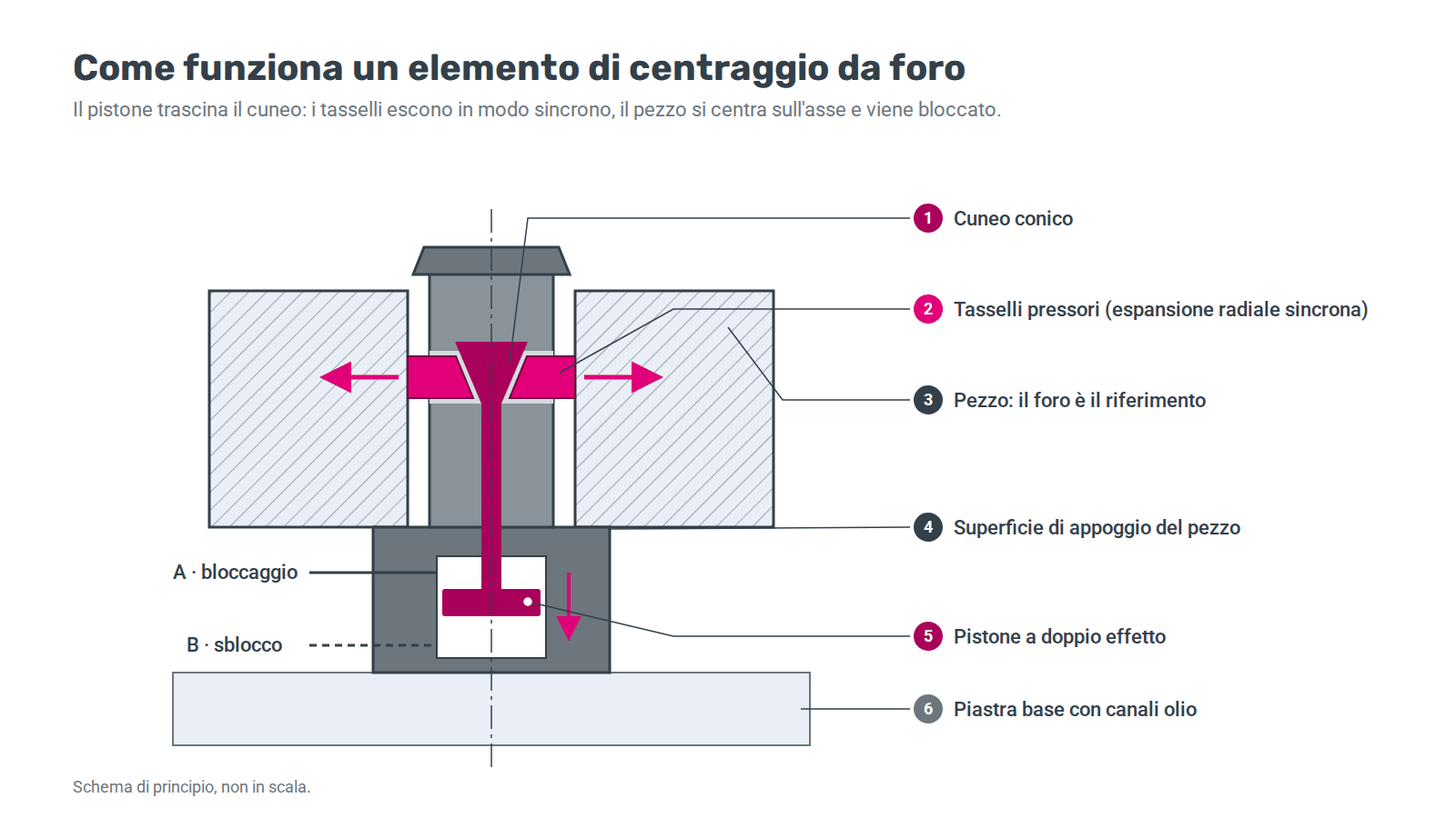 Schema in sezione di un elemento di centraggio da foro: cuneo conico, tasselli pressori, pistone a doppio effetto